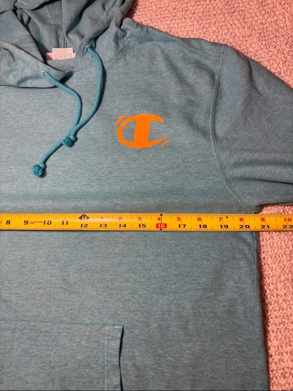 Champion Men's Hooded Pullover Sweatshirt - Teal with Orange Logo